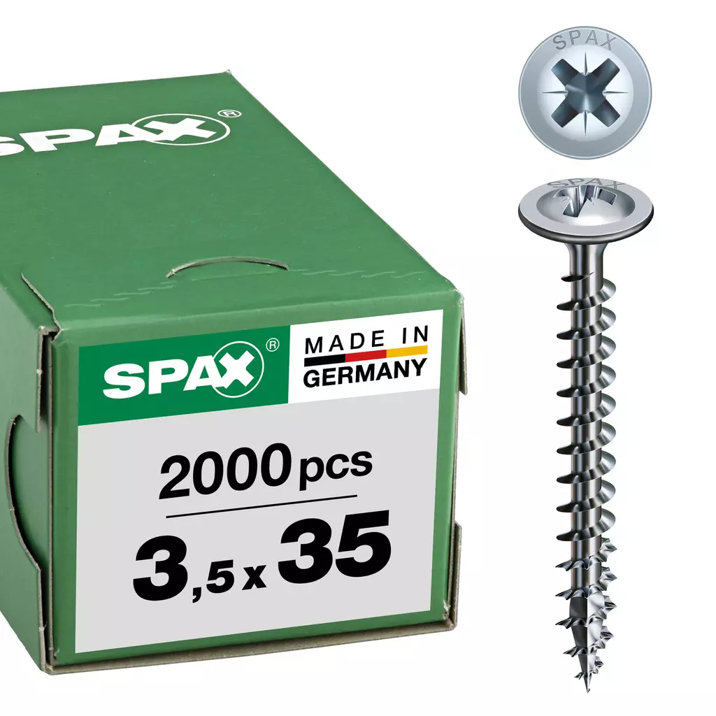 SPAX Universalschraube, 3,5 x 35 mm, 2000 Stück, Vollgewinde, Rückwandkopf, Kreuzschlitz Z2, 4CUT, WIROX - 0281010350352