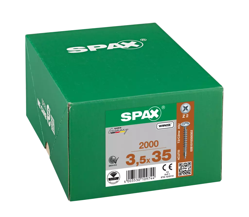 SPAX Universalschraube, 3,5 x 35 mm, 2000 Stück, Vollgewinde, Rückwandkopf, Kreuzschlitz Z2, 4CUT, WIROX - 0281010350352