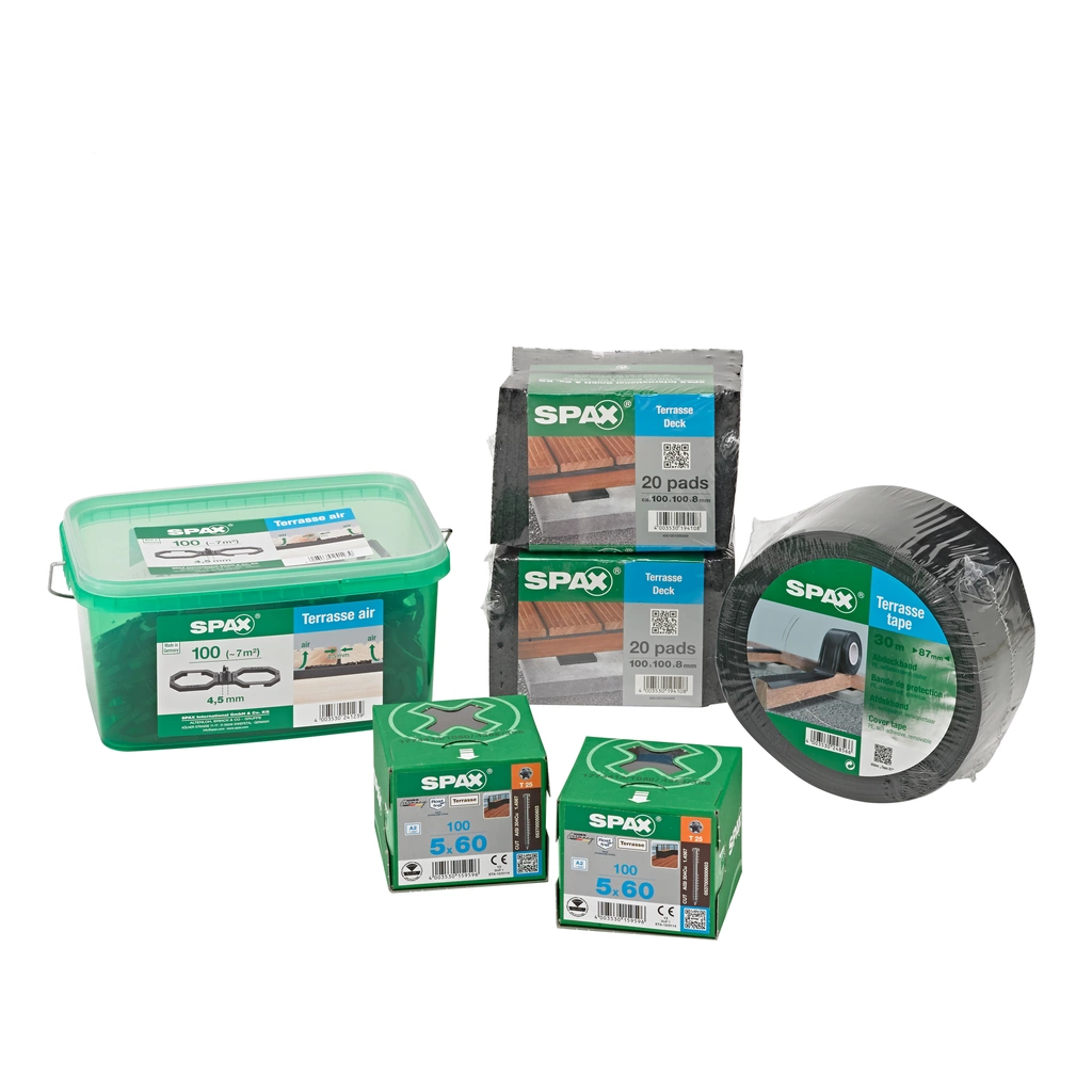 SPAX Terrassenschraube, 5 x 60 mm, Grundausstattung für den Terrassenbau, 6 qm, Fixiergewinde, Zylinderkopf, T-STAR plus, CUT-Spitze, Edelstahl rostfrei A2 - 5000009100049