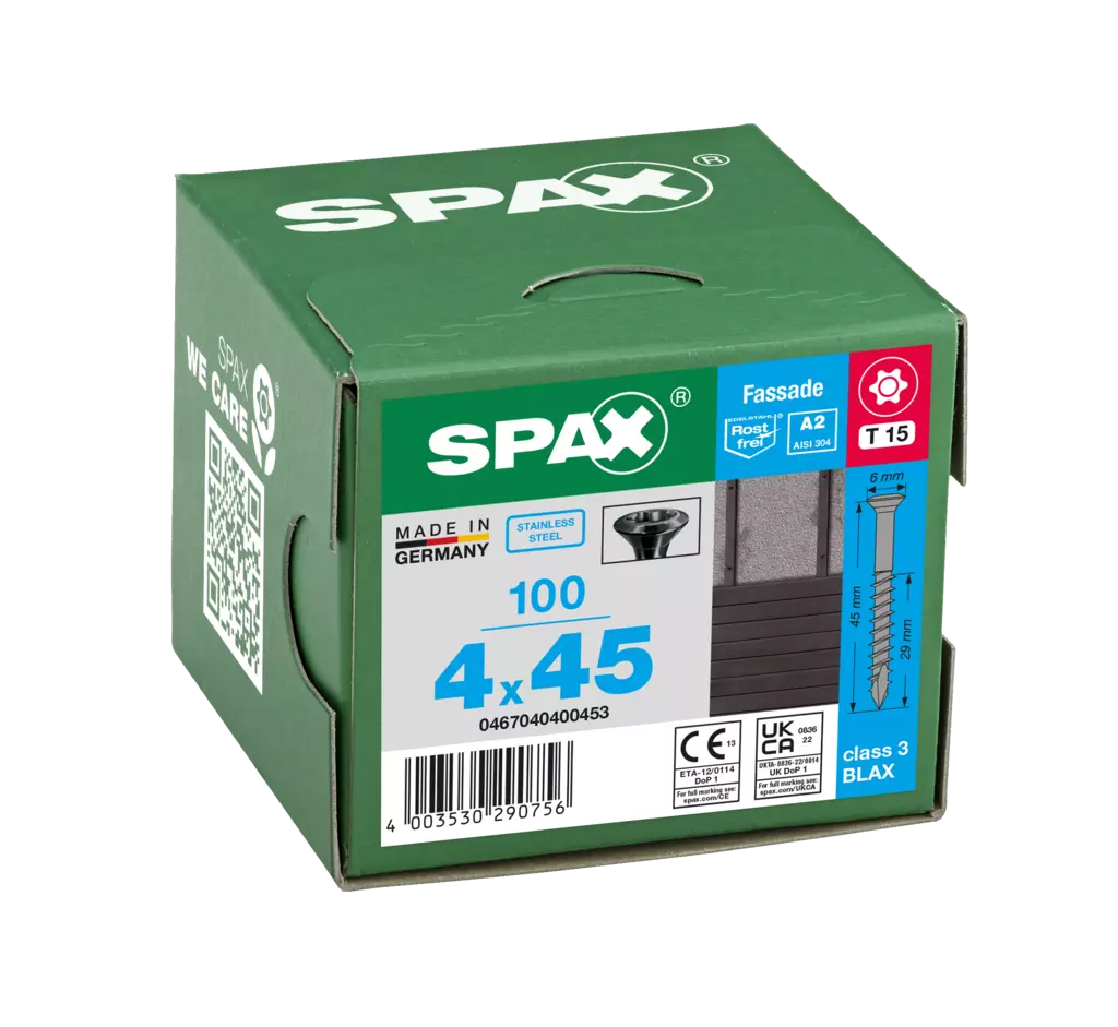 SPAX Fassadenschraube, 4 x 45 mm, 100 Stück, Teilgewinde, Linsensenkkopf extra klein, T-STAR plus T15, CUT-Spitze, Edelstahl rostfrei A2 BLAX - 0467040400453