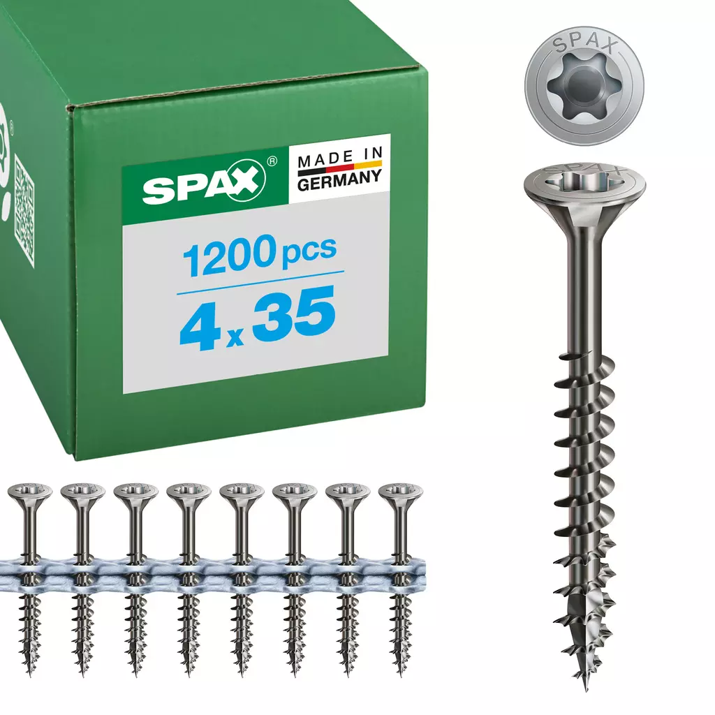 SPAX Universalschraube magaziniert, 4 x 35 mm, 200 Stück, Teilgewinde, Senkkopf, T-STAR plus T20, 4CUT, Edelstahl rostfrei A2 - 0197000400356
