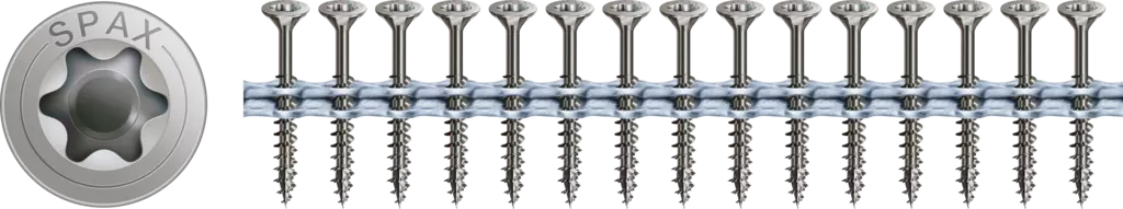 SPAX Universalschraube magaziniert, 4 x 35 mm, 200 Stück, Teilgewinde, Senkkopf, T-STAR plus T20, 4CUT, Edelstahl rostfrei A2 - 0197000400356